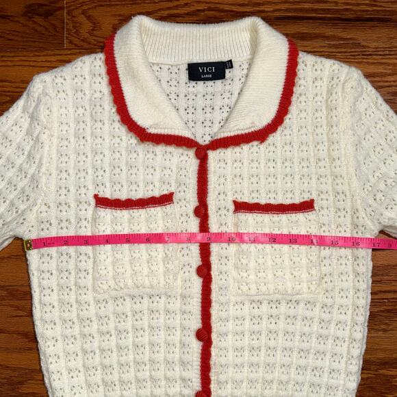 VICI Quiet Luxe Knit Cream Contrast Trim Cardigan Sweater Size Large - Picture 13 of 14